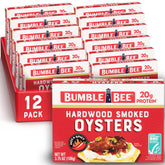Bumble Bee front can showing hot and spicy smoked oysters label and convenience