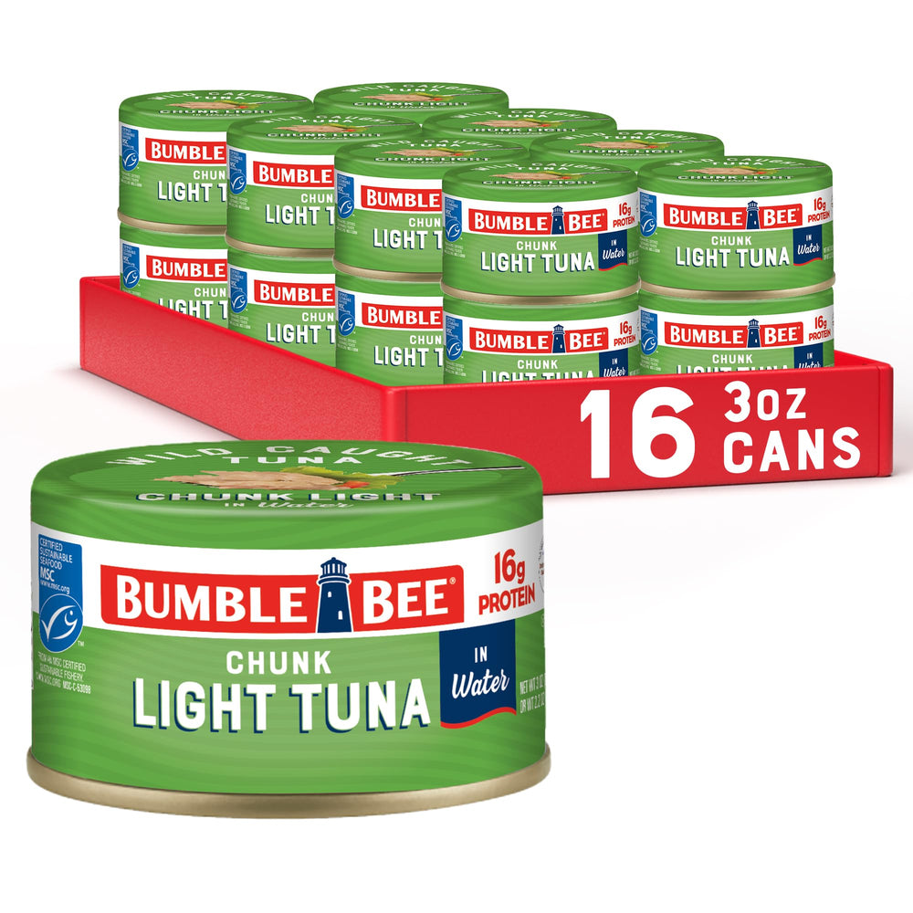 Bumble Bee front packaging showing 3 oz can and pack of 16, portable protein