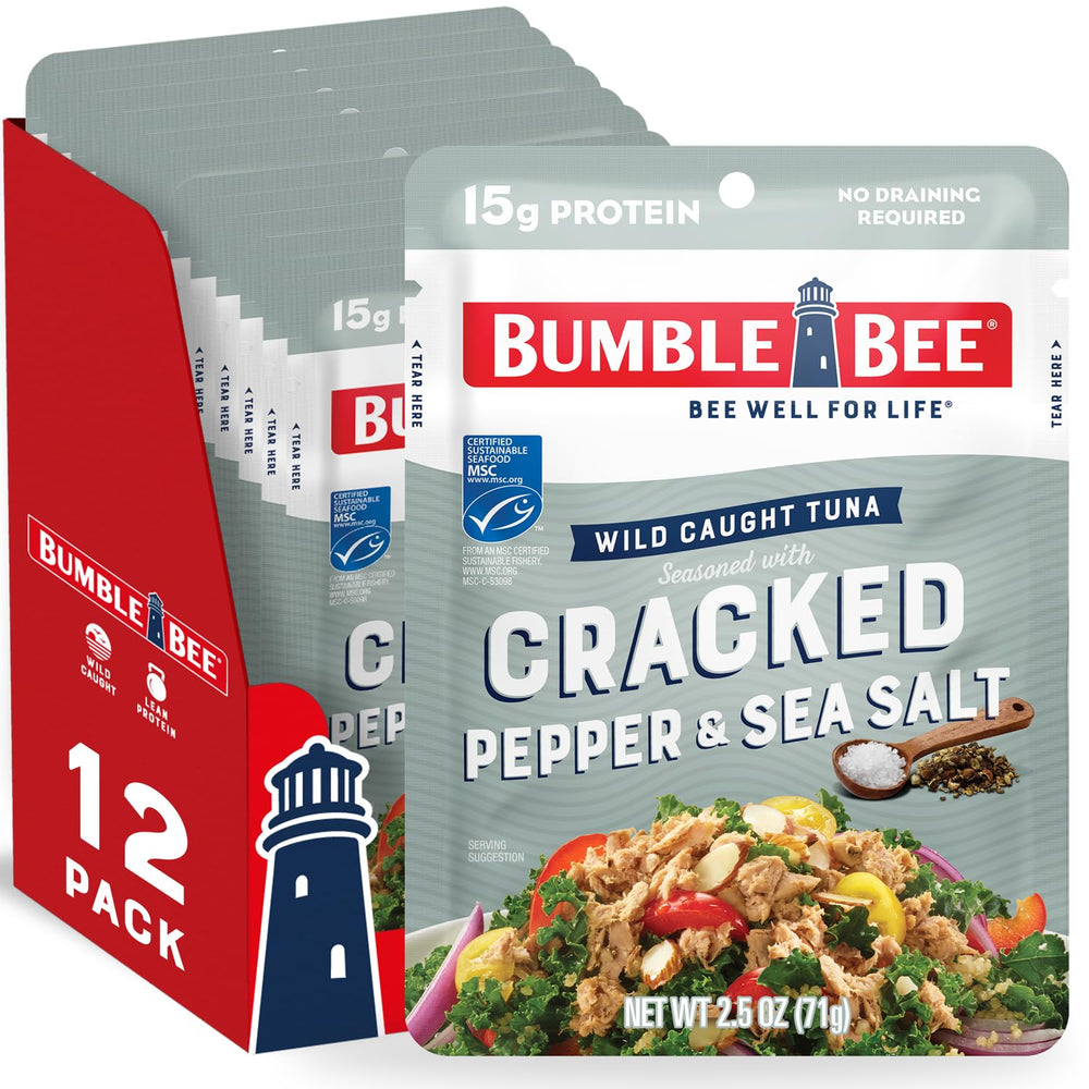 Bumble Bee front pouch showing branding and cracked pepper flavor, convenient portable meal