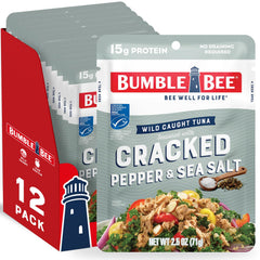 Bumble Bee front pouch showing branding and cracked pepper flavor, convenient portable meal