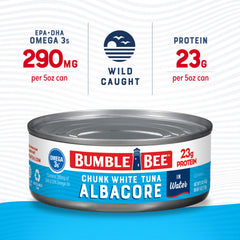 Bumble Bee open can with chunk white albacore in water ready to use, showcasing convenience