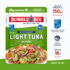 Bumble Bee open pouch revealing tuna ready to eat for quick meals