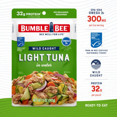 Bumble Bee close-up of tuna flakes texture highlighting flaky, high-protein fish