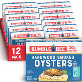 Bumble Bee front packaging showing 3.75 oz smoked oyster can and brand clarity with convenient servings