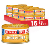 Bumble Bee front can showing lemon pepper label and quick snack benefit