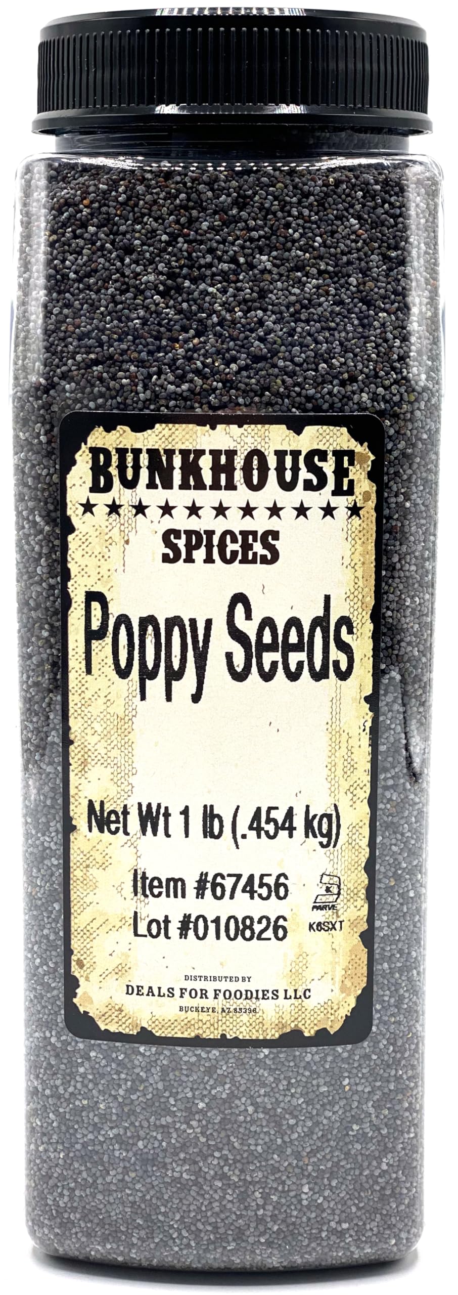 BUNKHOUSE front package view showing 16 ounce poppy seeds and clear label, ideal pantry staple