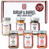 Burlap & Barrel full gift box front view showing six spice jars and gift-ready packaging benefit: easy gifting