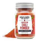 burlap & barrel jar front showing chili powder and clear label, highlights bold flavor