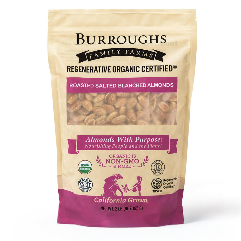 Burroughs Family Farms front packaging showing 2 lb resealable pouch and label benefits