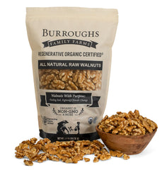 Burroughs Family Farms front packaging showing organic walnut bag and branding