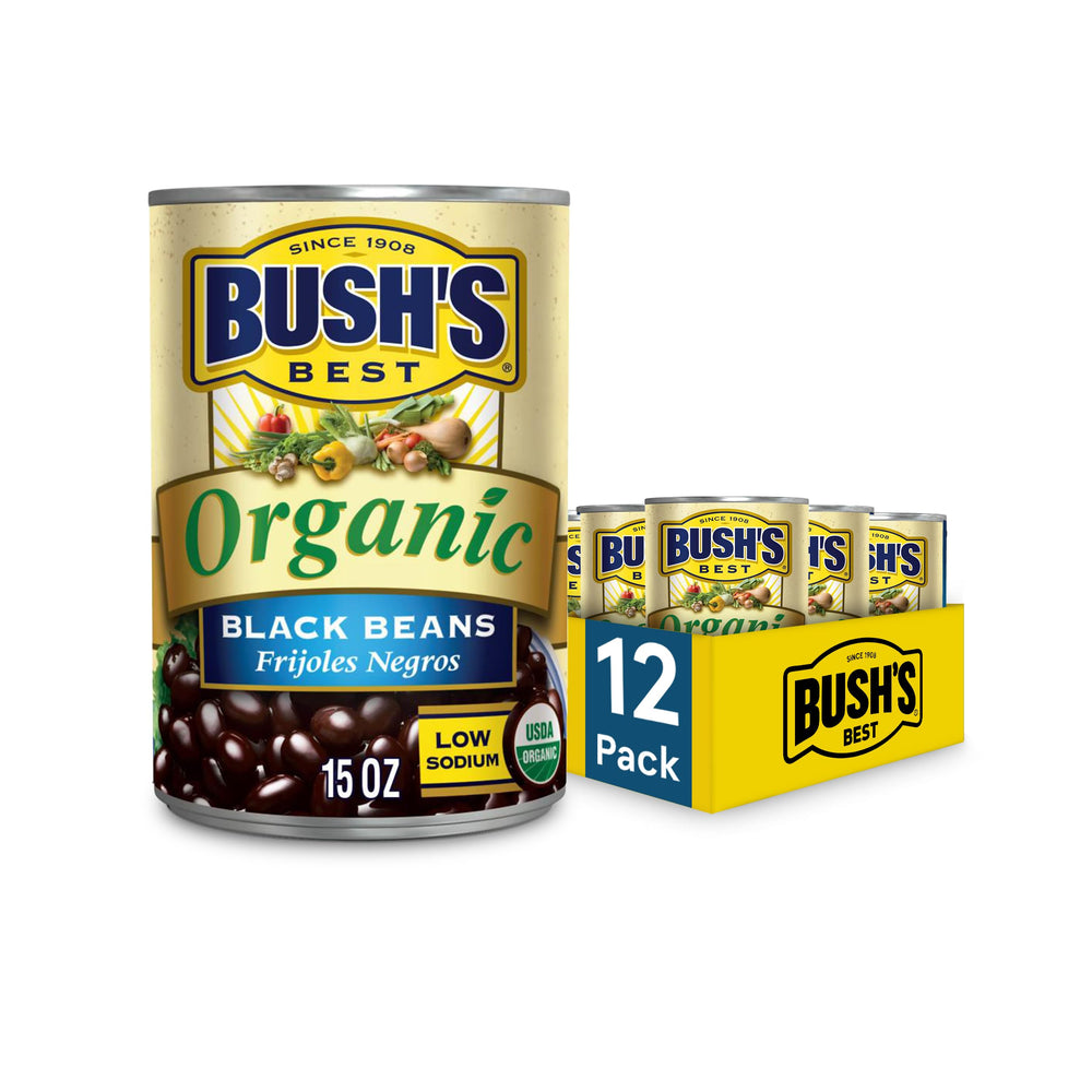 Bush's Best front can showing organic black beans and clear branding for pantry convenience