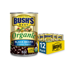 Bush's Best front can showing organic black beans and clear branding for pantry convenience