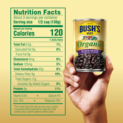 Close-up of Bush's Best label highlighting organic certification and ingredient clarity