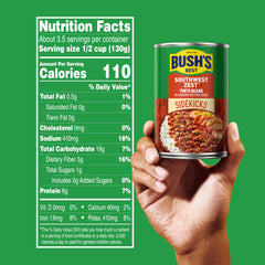 Bush's Best open can top view revealing pinto beans in red chile sauce for easy serving