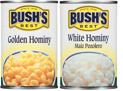 Bush's Best white hominy close-up kernels showing plump texture and absorbency