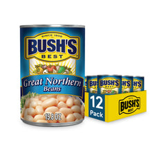 BUSH'S Great Northern Beans front packaging showing 12-pack convenience and clear labeling