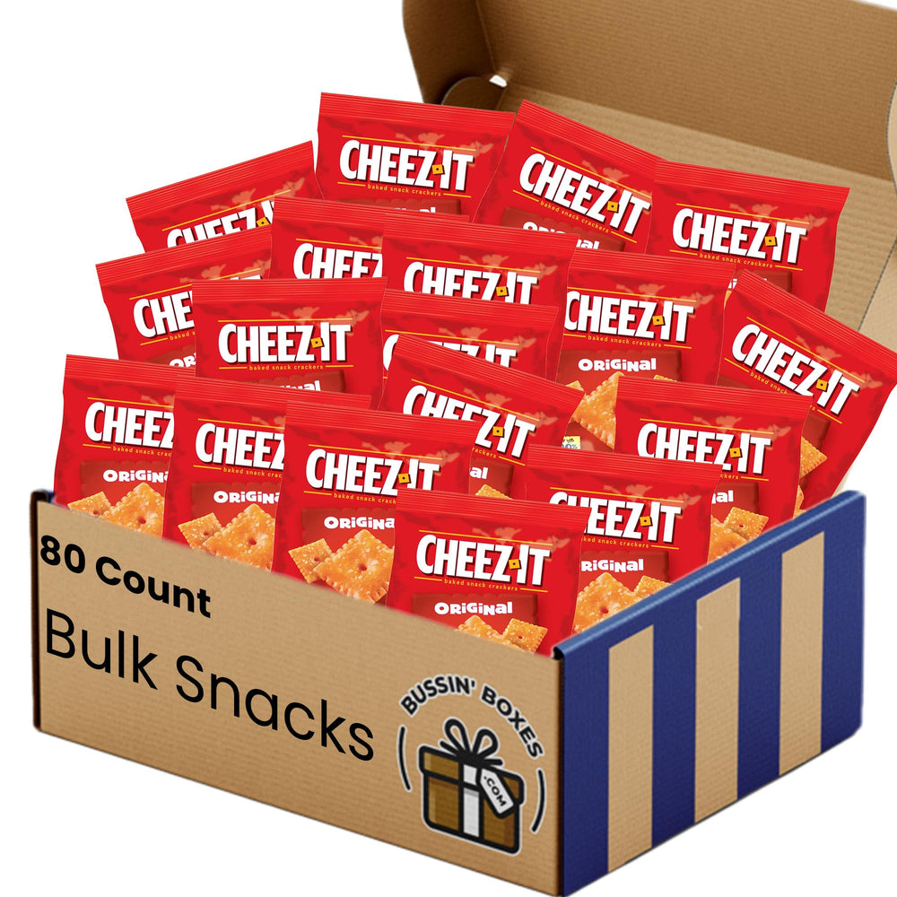 Bussin Boxes Cheez-It front packaging showing bulk 80-count, convenient storage