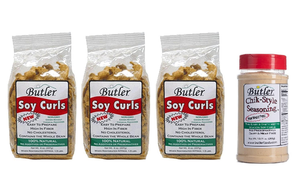Butler Soy Curls front packaging showing three 8 oz bags and seasoning for pantry convenience