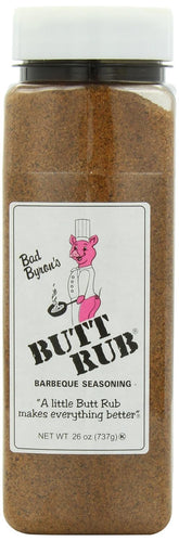 Butt Rub front label on 26 oz jar showing product name and bold seasoning blend benefit