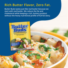 BUTTER BUDS sauce poured over mashed potatoes enhancing flavor without fat