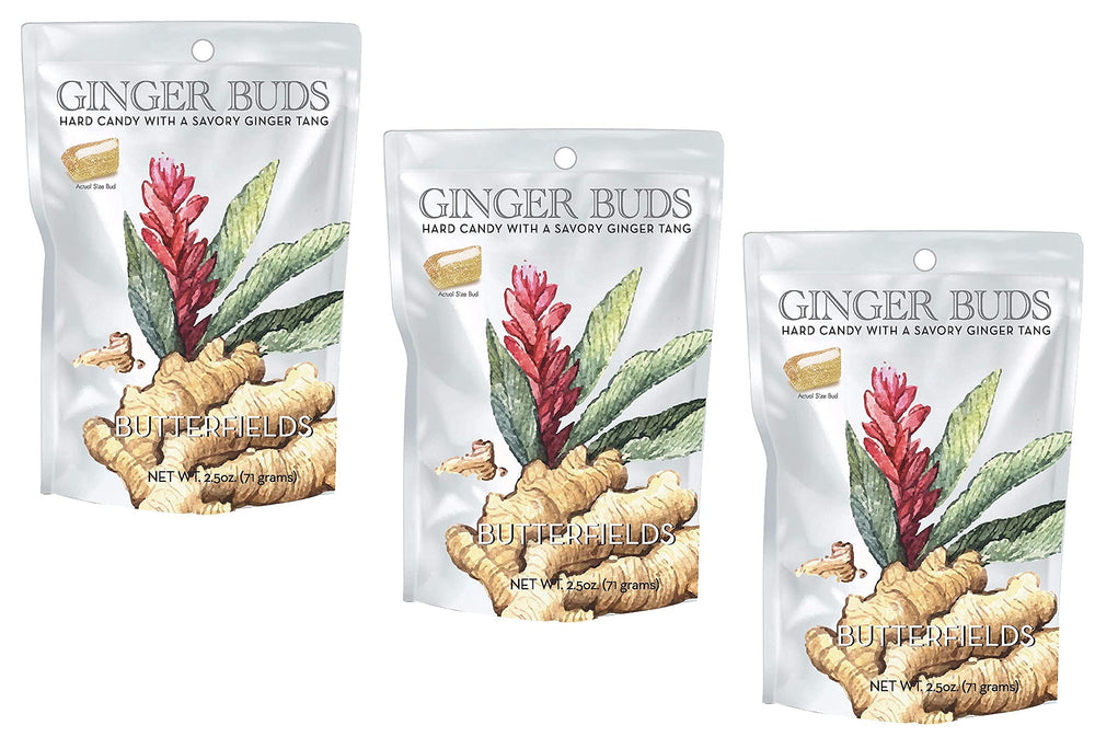 Butterfields front packaging showing ginger buds and brand for shelf appeal