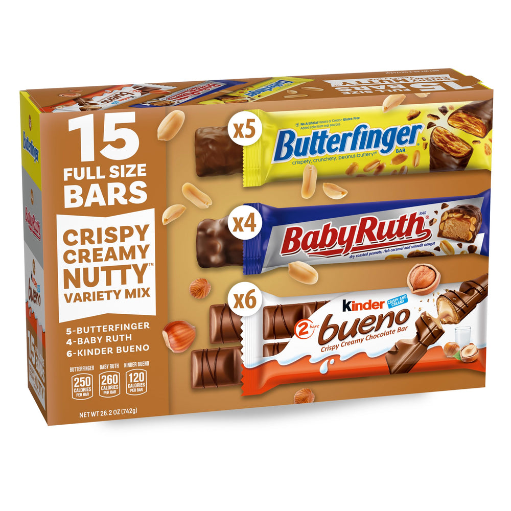 Butterfinger Baby Ruth Kinder Bueno front packaging showing variety and easy gifting
