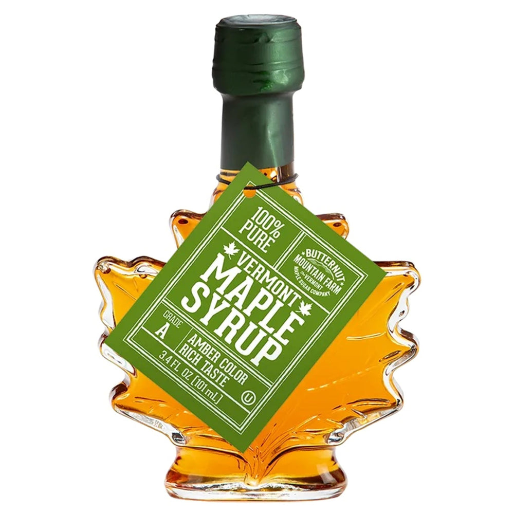 Butternut Mountain Farm maple-leaf bottle front view shows brand and gift-ready appeal
