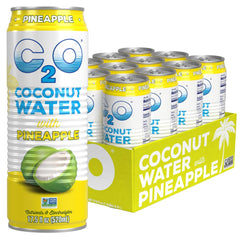 C2O coconut water with pineapple front packaging showing 17.5 fl oz can and branding for quick recognition