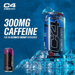 Close-up of C4 Ultimate Energy label showing 300mg caffeine and ingredient clarity