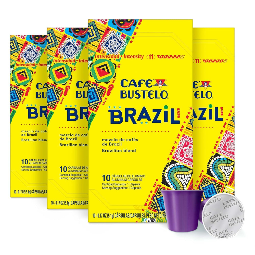 Café Bustelo front packaging showing bold Brazil Blend label and count