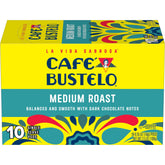 Café Bustelo front packaging showing box benefit and bold branding