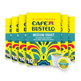 Café Bustelo front packaging showing bulk 60 pods and convenience benefit