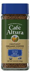 Cafe Altura front label on jar showing organic decaf benefits