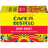 Café Bustelo box front showing bold dark roast branding and count