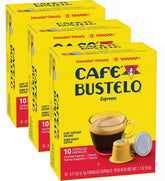 Cafe Bustelo front packaging showing 30-count capsules for bold espresso