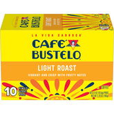 Café Bustelo front box showing vibrant light roast packaging and convenience