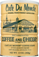 Cafe Du Monde tin front label showing decaf chicory and easy storage benefits
