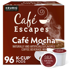 Café Escapes front packaging showing 96-count mocha pods and clear branding benefits