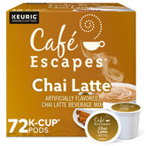 Café Escapes front box showing 72-count chai latte pods and convenience