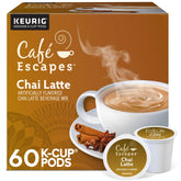 Café Escapes front packaging showing 60-count chai latte pods for convenient brewing