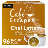 Café Escapes front packaging showing chai latte K-Cup box and branding benefit convenience