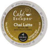 Café Escapes front packaging showing chai latte box, highlights convenient pods