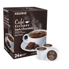 Café Escapes front packaging showing 24-count box and rich dark chocolate promise, convenient storage benefit