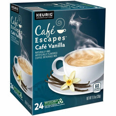 Café Escapes K-Cup beside a coffee mug to show scale and single-serve convenience