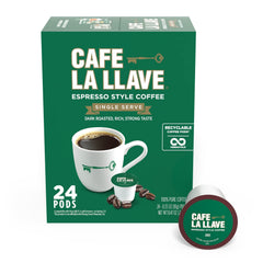 Cafe La Llave front box showing 24 pods and bold dark roast aroma
