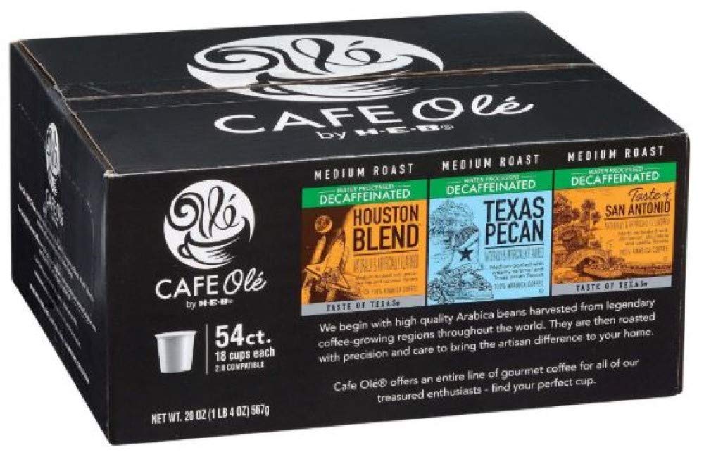 Cafe Olé decaf variety pack front view showing three included blends and benefits