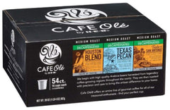 Cafe Olé decaf variety pack front view showing three included blends and benefits