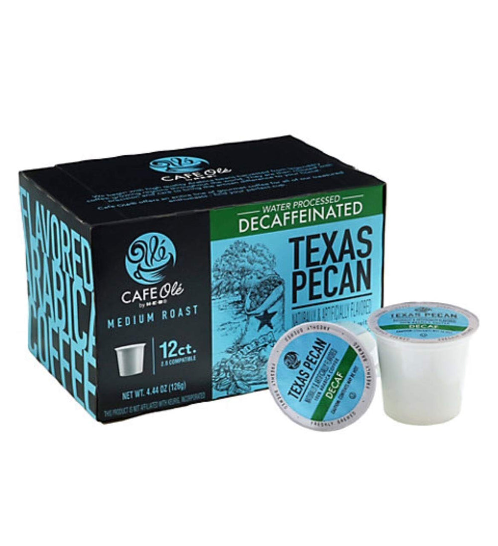 Cafe Ole Texas Pecan decaf front pack showing pods and label for enjoyable nutty flavor
