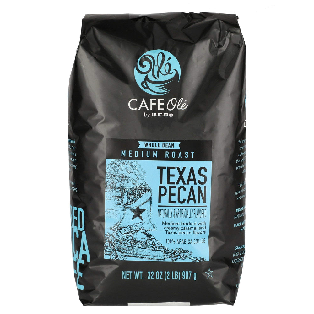 Cafe Ole front packaging showing 32 oz bag and pecan aroma benefit