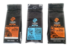 Cafe Ole front packaging showing Texas Pecan sampler and label benefits